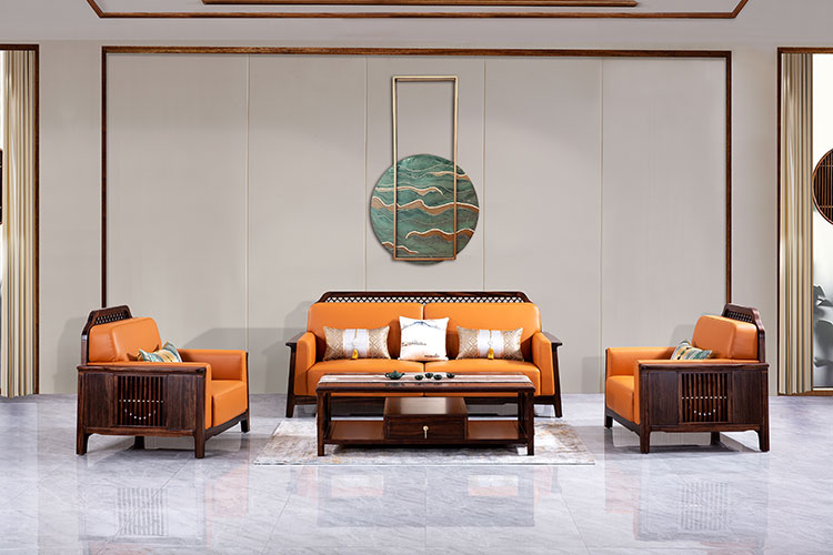 SM2102实木办公沙发,新中式实木真皮沙发三人位