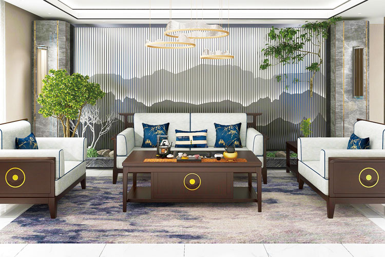 玺悦实木沙发,新中式实木沙发带烧水茶台桌总裁办公沙发