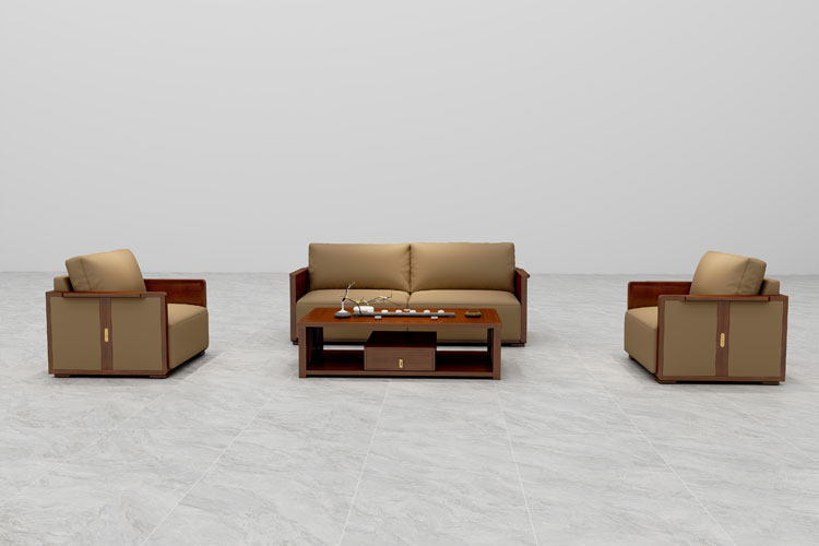 SM2313实木办公沙发,新中式实木真皮沙发三人位