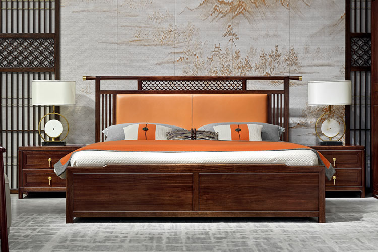 JH-656实木床,乌金木实木床两米真皮实木床体卧室家具
