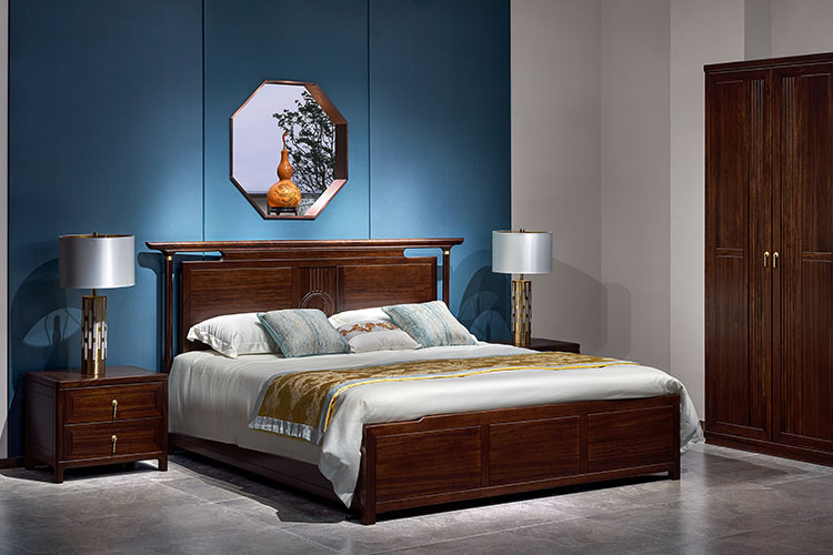 JH-661实木床,新中式全乌金木全实木床家用两米大床
