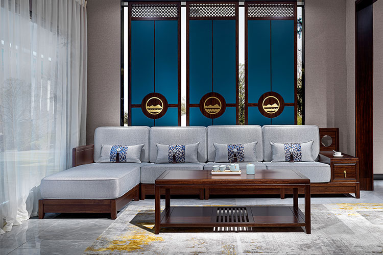 JH-717贵妃沙发,新中式乌金木4人位沙发带贵妃榻