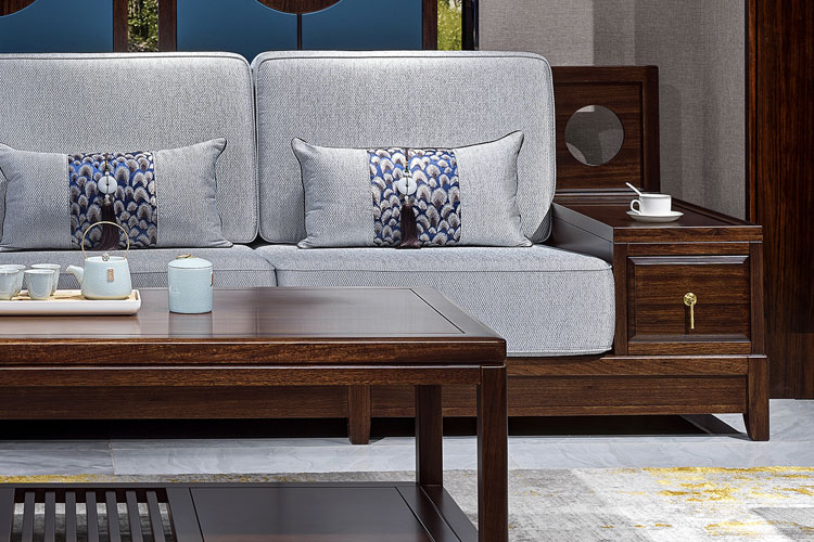 JH-717贵妃沙发，新中式乌金木4人位沙发带贵妃榻