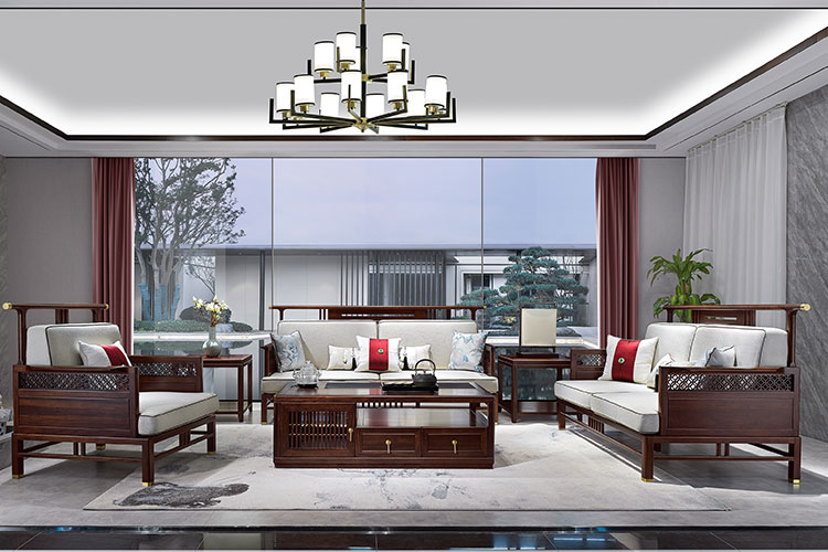 JH-766实木沙发,乌金木新中式客厅沙发组合1+2+3