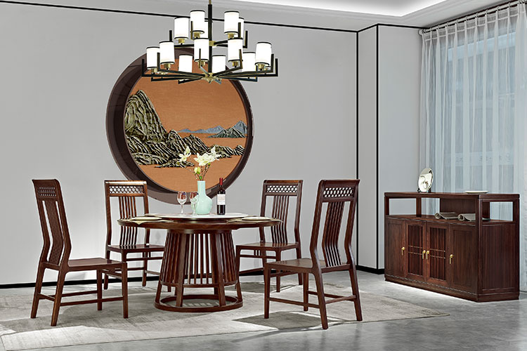 JH-815圆餐桌,新中式实木圆餐桌乌金木餐厅家具