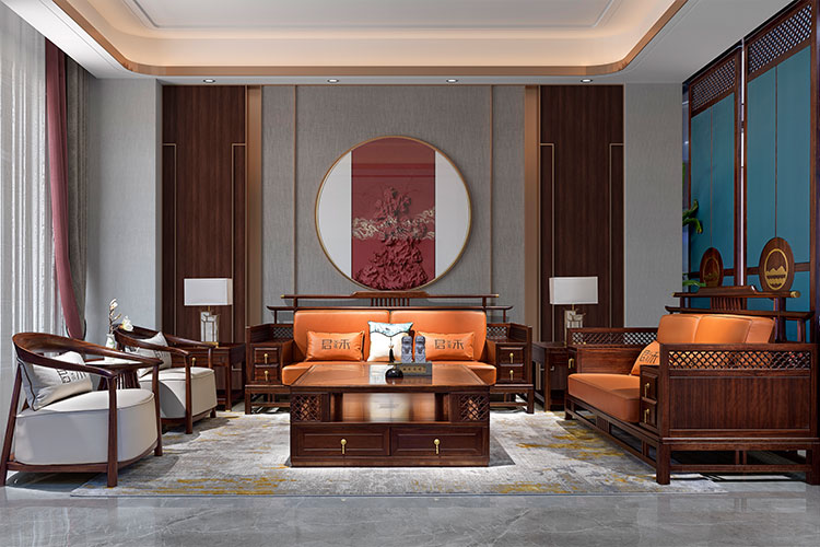 JH-711沙发组合,新中式实木沙发三人位沙发别墅沙发