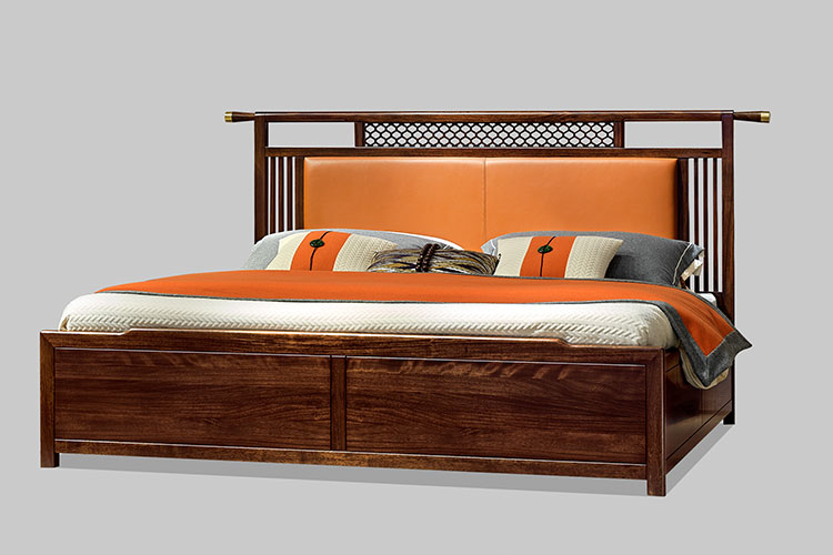 JH-656实木床,乌金木实木床两米真皮实木床体卧室家具